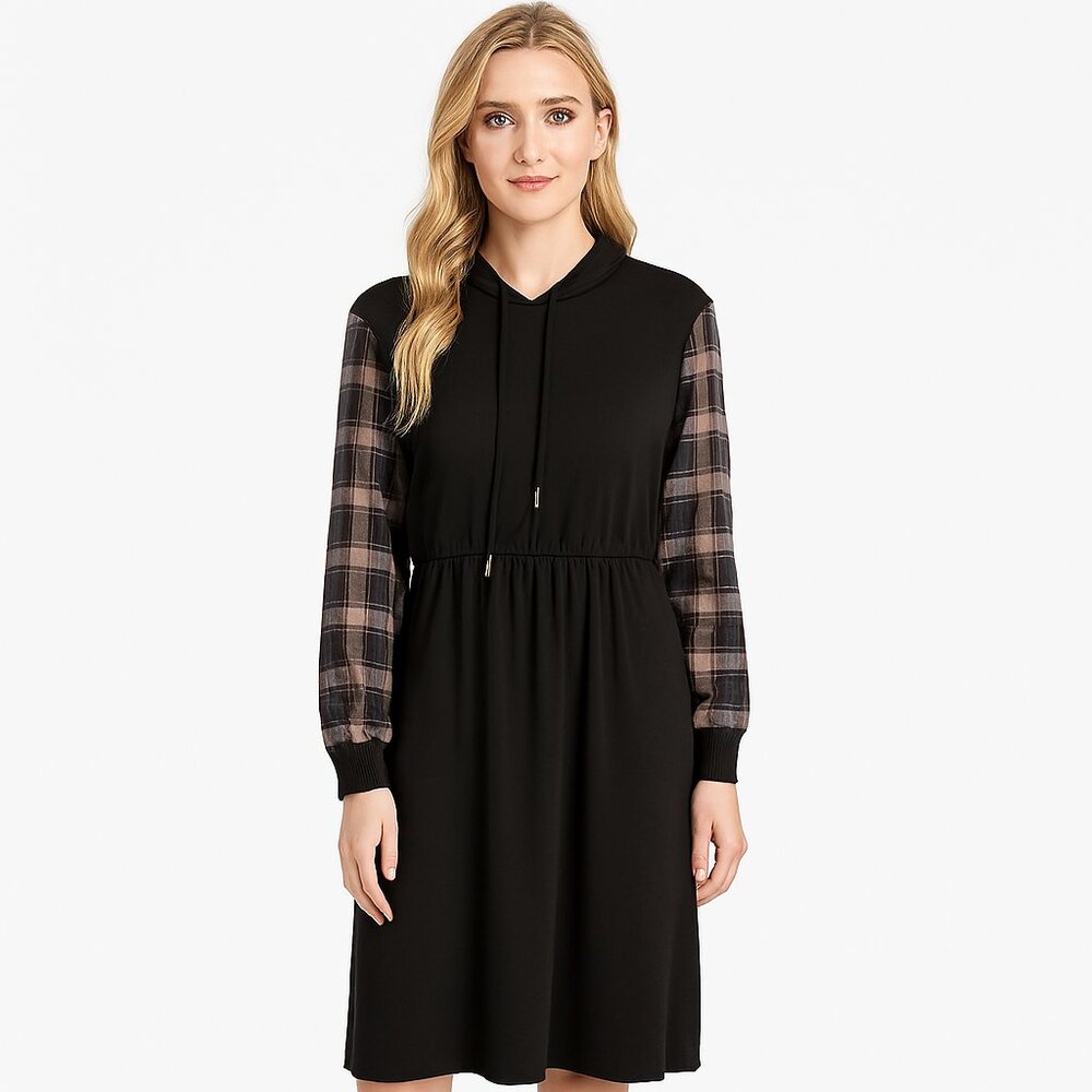 BloomChic Dress Size 14-16/L Black French terry Hooded Plaid Sleeve Westcoast